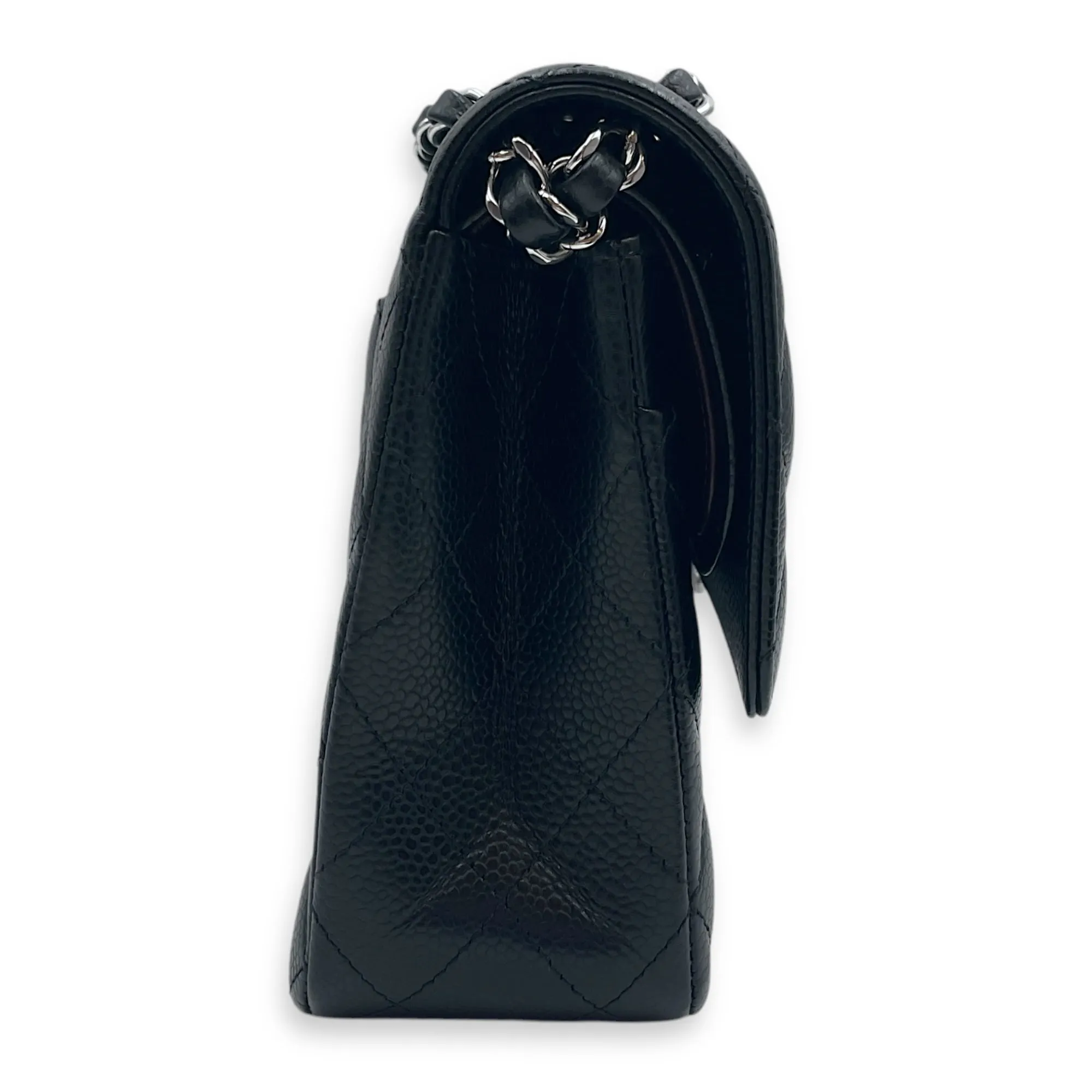 Classic (DF) Medium Black Shoulder Bag in Caviar Leather, Silver hardware