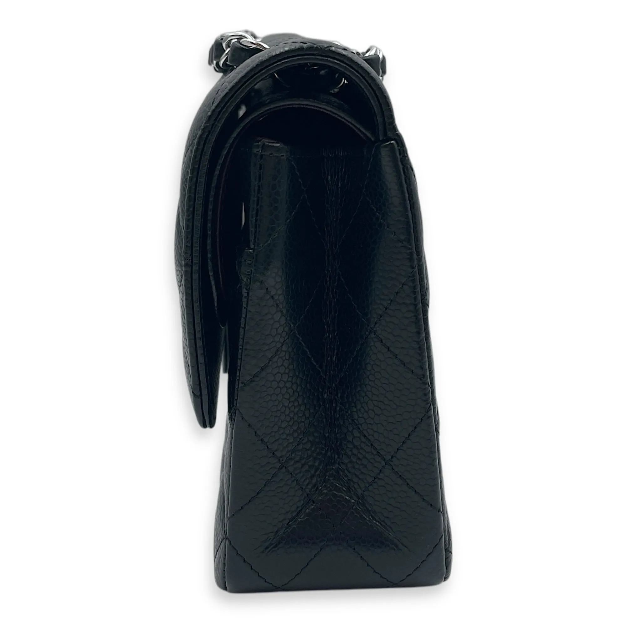 Classic (DF) Medium Black Shoulder Bag in Caviar Leather, Silver hardware