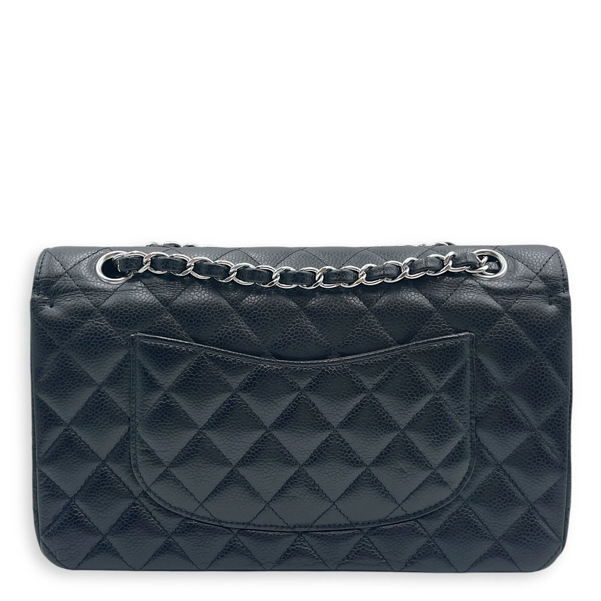 Classic (DF) Medium Black Shoulder Bag in Caviar Leather, Silver hardware