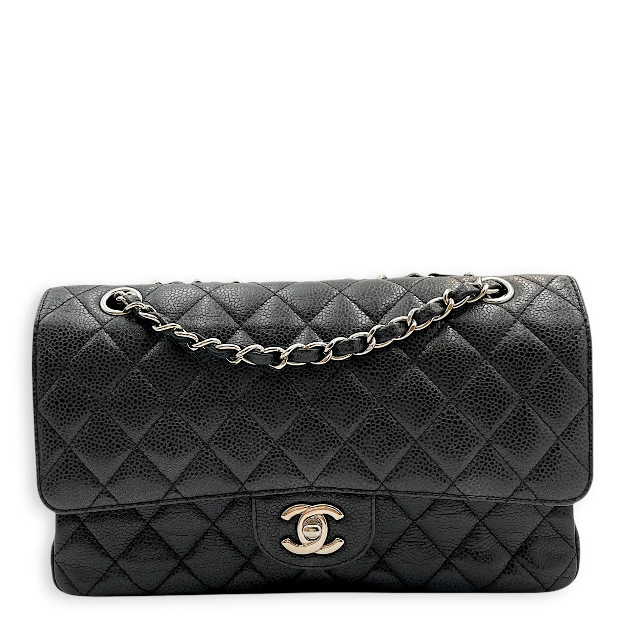 Classic Double Flap Medium Black Shoulder Bag in Caviar Leather, Silver hardware