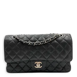 Classic Double Flap Medium Black Shoulder Bag in Caviar Leather, Silver hardware