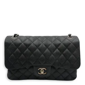 Classic Jumbo (DF) Black Shoulder Bag in Caviar Leather, Silver hardware
