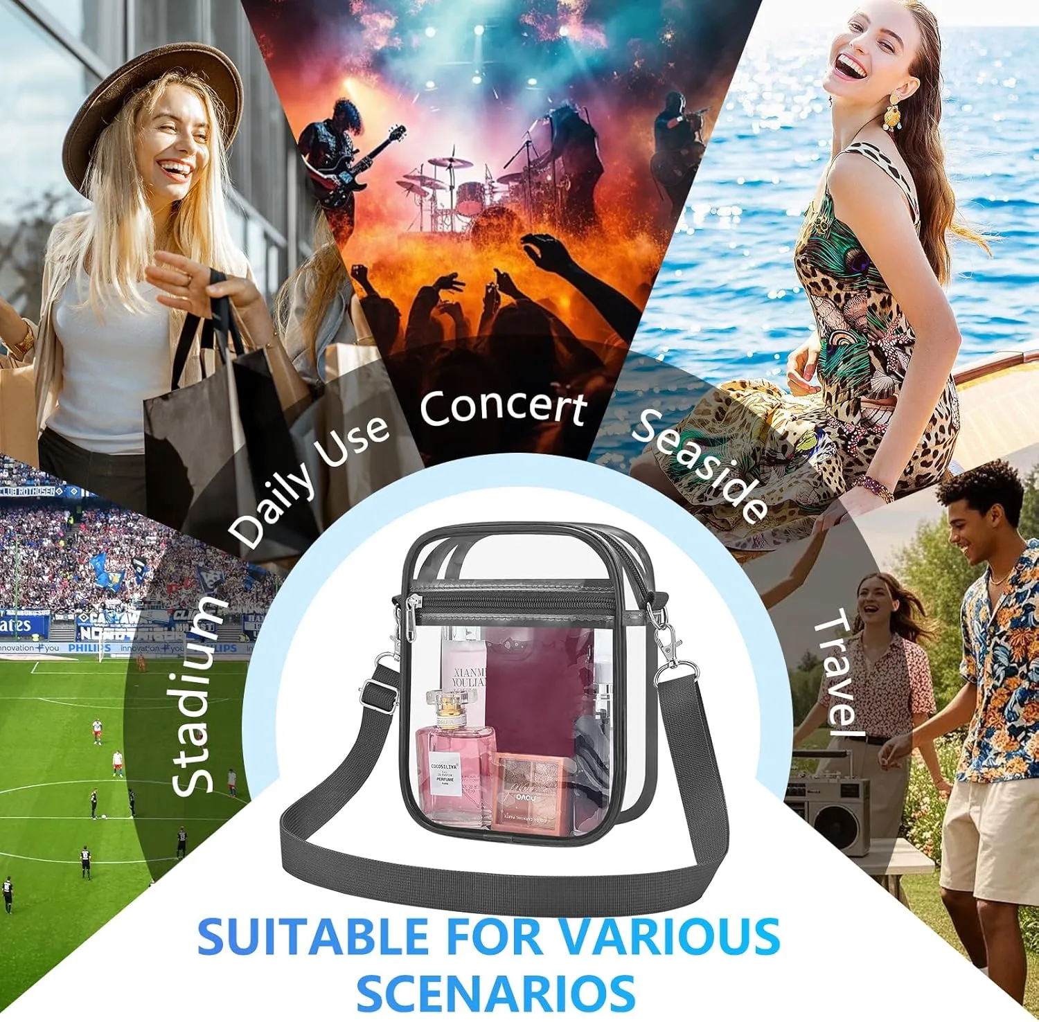 Clear Bag for Stadium Events Men&Women Clear Crossbody Bag Stadium Approved Clear Purse Bag Waterproof Clear Bag