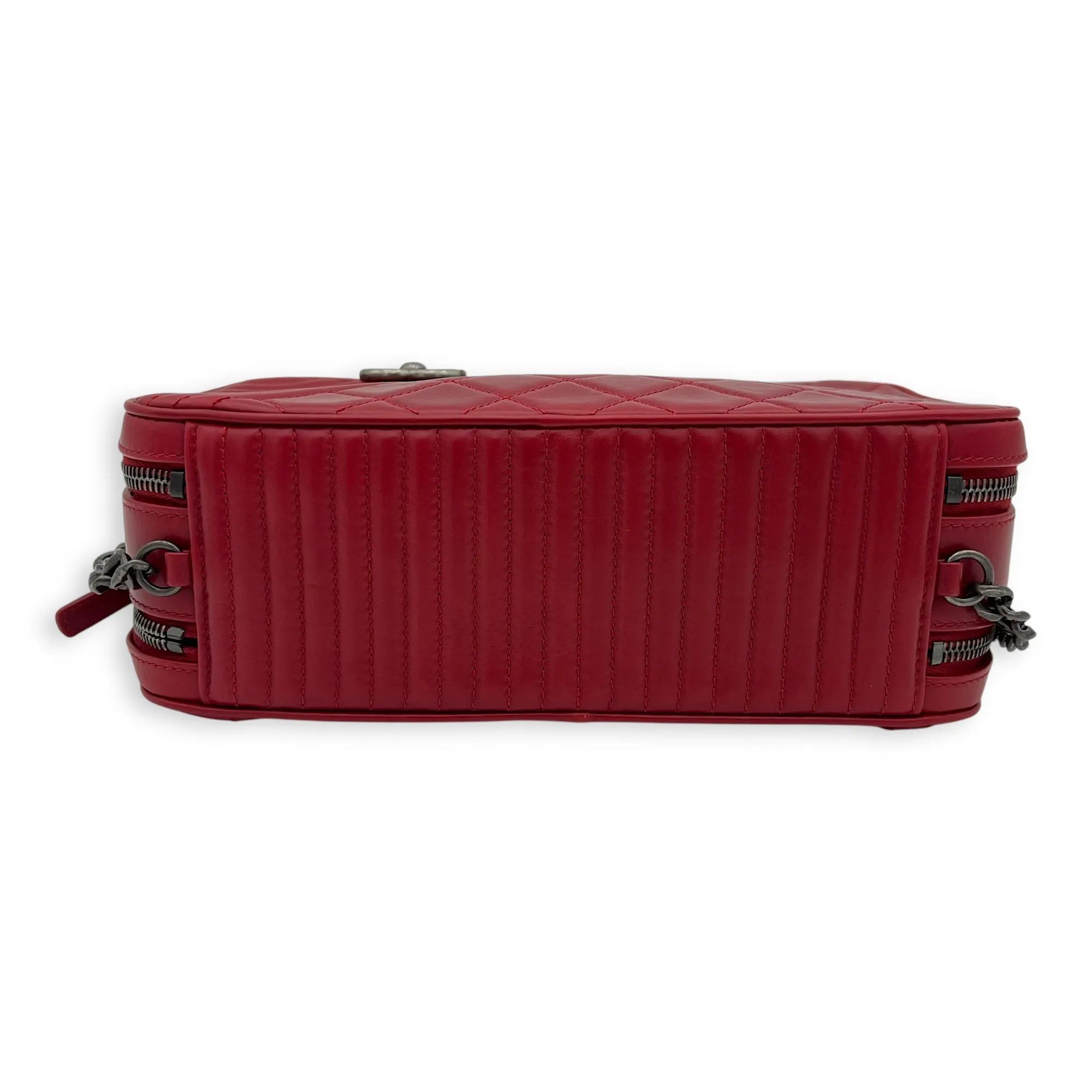 Coco Boy Camera Red Crossbody Bag in Calfskin, Ruthenium hardware