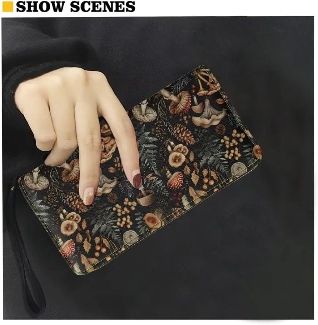 Coldinair Retro Mushroom Wallets for Women PU Leather Credit Card Holder Floral RFID Blocking ID Card Purse Long Handbag Large Capacity Wristlet Pouch