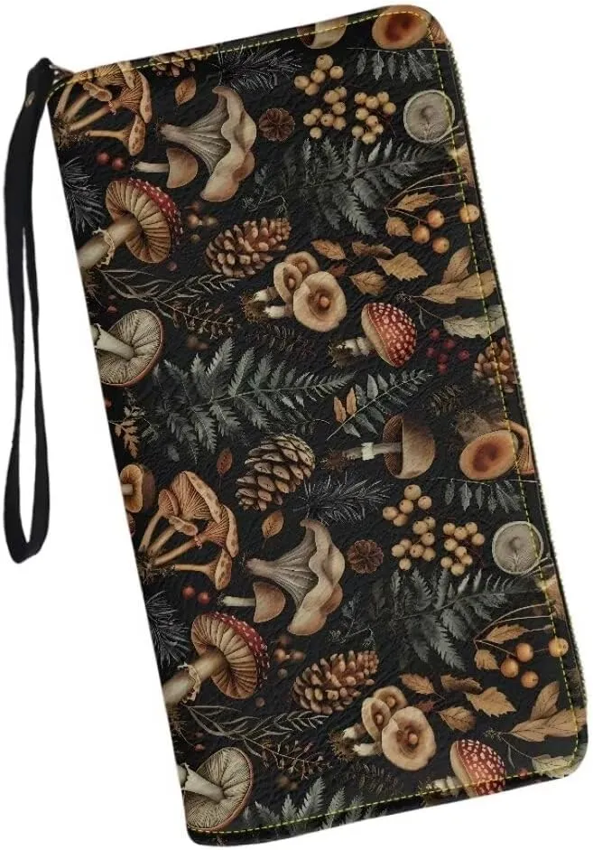 Coldinair Retro Mushroom Wallets for Women PU Leather Credit Card Holder Floral RFID Blocking ID Card Purse Long Handbag Large Capacity Wristlet Pouch