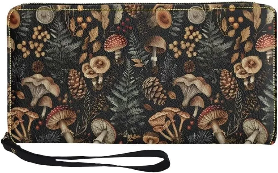Coldinair Retro Mushroom Wallets for Women PU Leather Credit Card Holder Floral RFID Blocking ID Card Purse Long Handbag Large Capacity Wristlet Pouch
