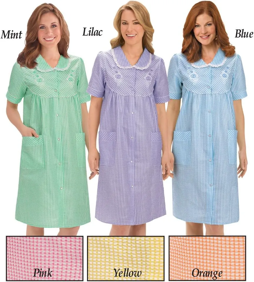 Collections Etc Gingham Robe with Floral Accents, Snap-Front Closure and Lace Trim