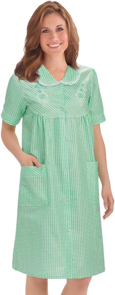 Collections Etc Gingham Robe with Floral Accents, Snap-Front Closure and Lace Trim