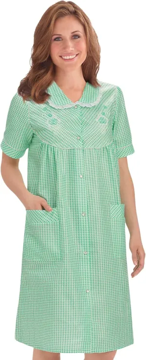 Collections Etc Gingham Robe with Floral Accents, Snap-Front Closure and Lace Trim