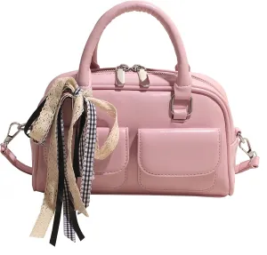 Coquette Leather Shoulder Purse Women Lace Bow Tie Balletcore Boston Bag Cute Aesthetic Handbag Multi Pockets