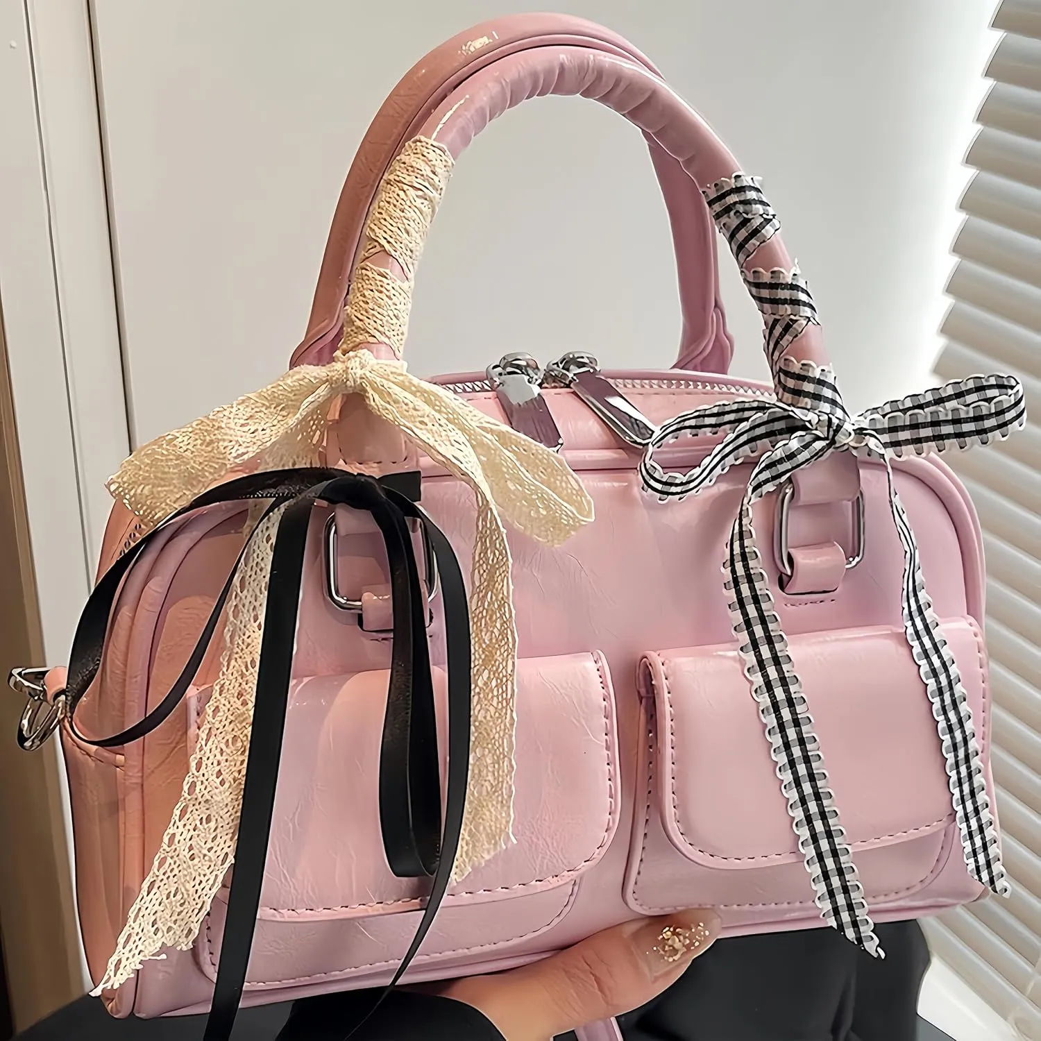 Coquette Leather Shoulder Purse Women Lace Bow Tie Balletcore Boston Bag Cute Aesthetic Handbag Multi Pockets