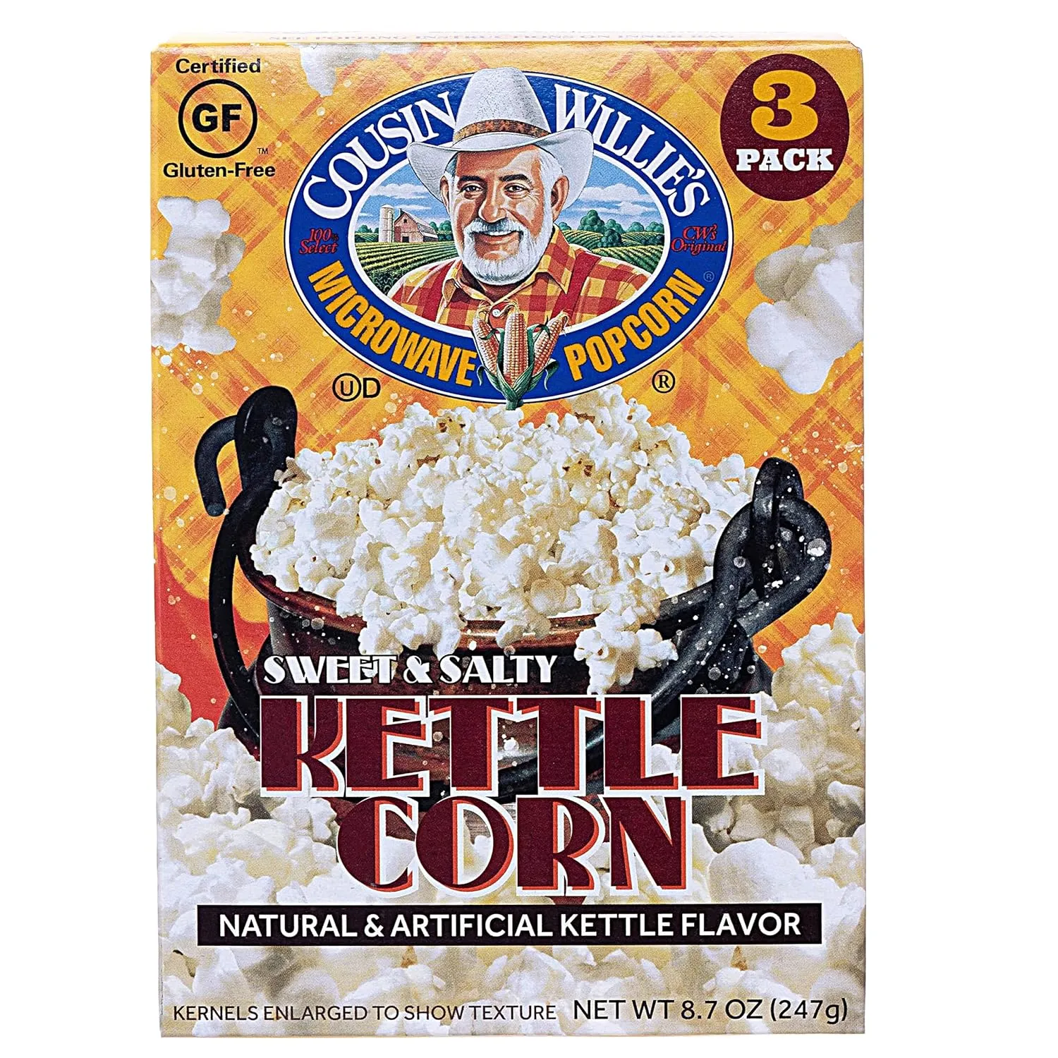 Cousin Willie's Microwave Popcorn Bags, Kettle Corn (4 Boxes, 12 Bags), Gourmet Popcorn Boxes for Party, Whole Grain Popcorn, Gluten Free, Low Calorie Healthy Snack, Made in USA, non-GMO