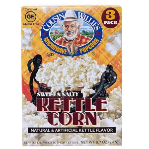 Cousin Willie's Microwave Popcorn Bags, Kettle Corn (4 Boxes, 12 Bags), Gourmet Popcorn Boxes for Party, Whole Grain Popcorn, Gluten Free, Low Calorie Healthy Snack, Made in USA, non-GMO