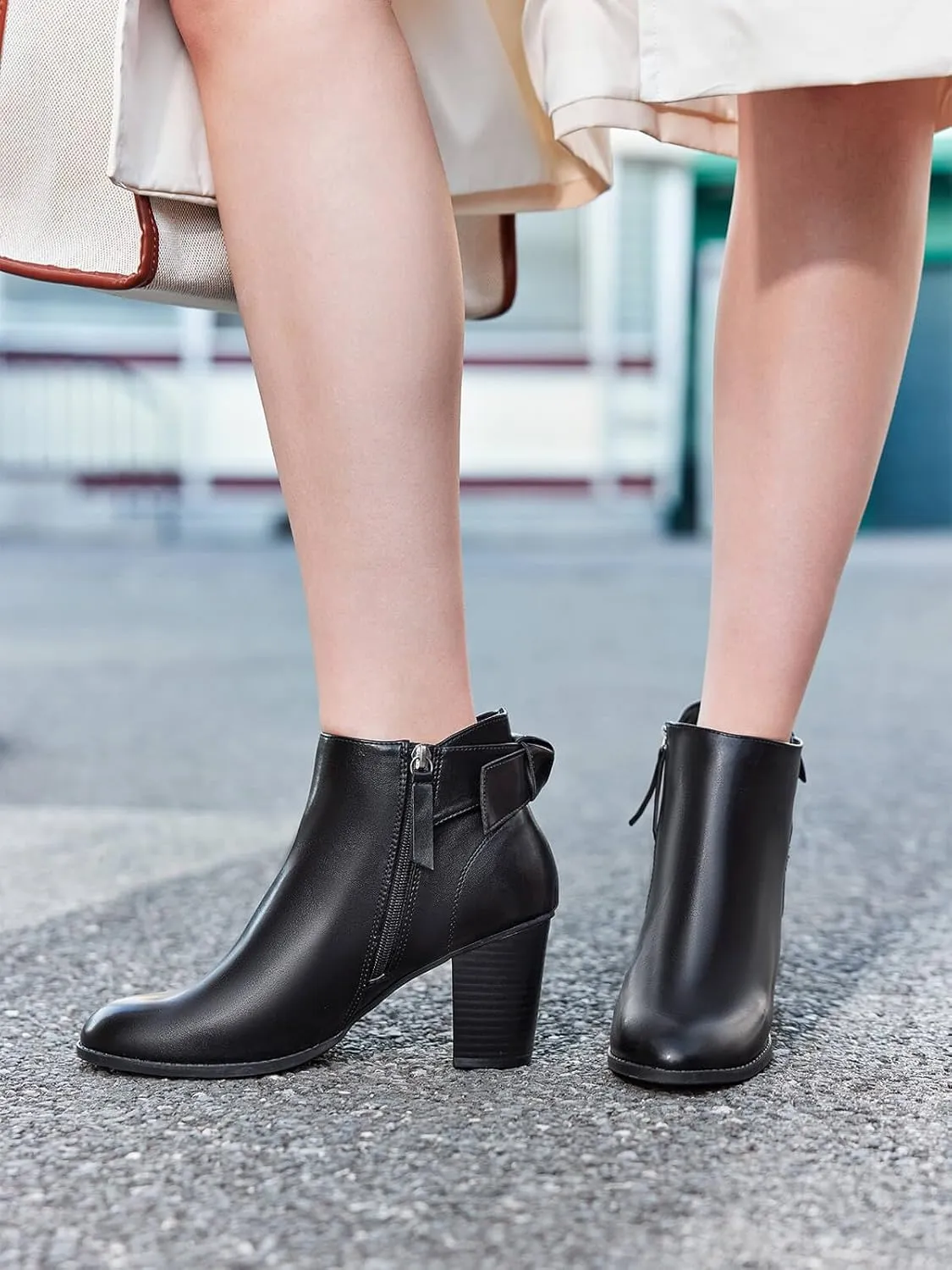 Coutgo Women's Fall Ankle Boots Shoes Chunky Block Stacked Heel Bow Tie Pointed Toe Dress Booties Side Zipper