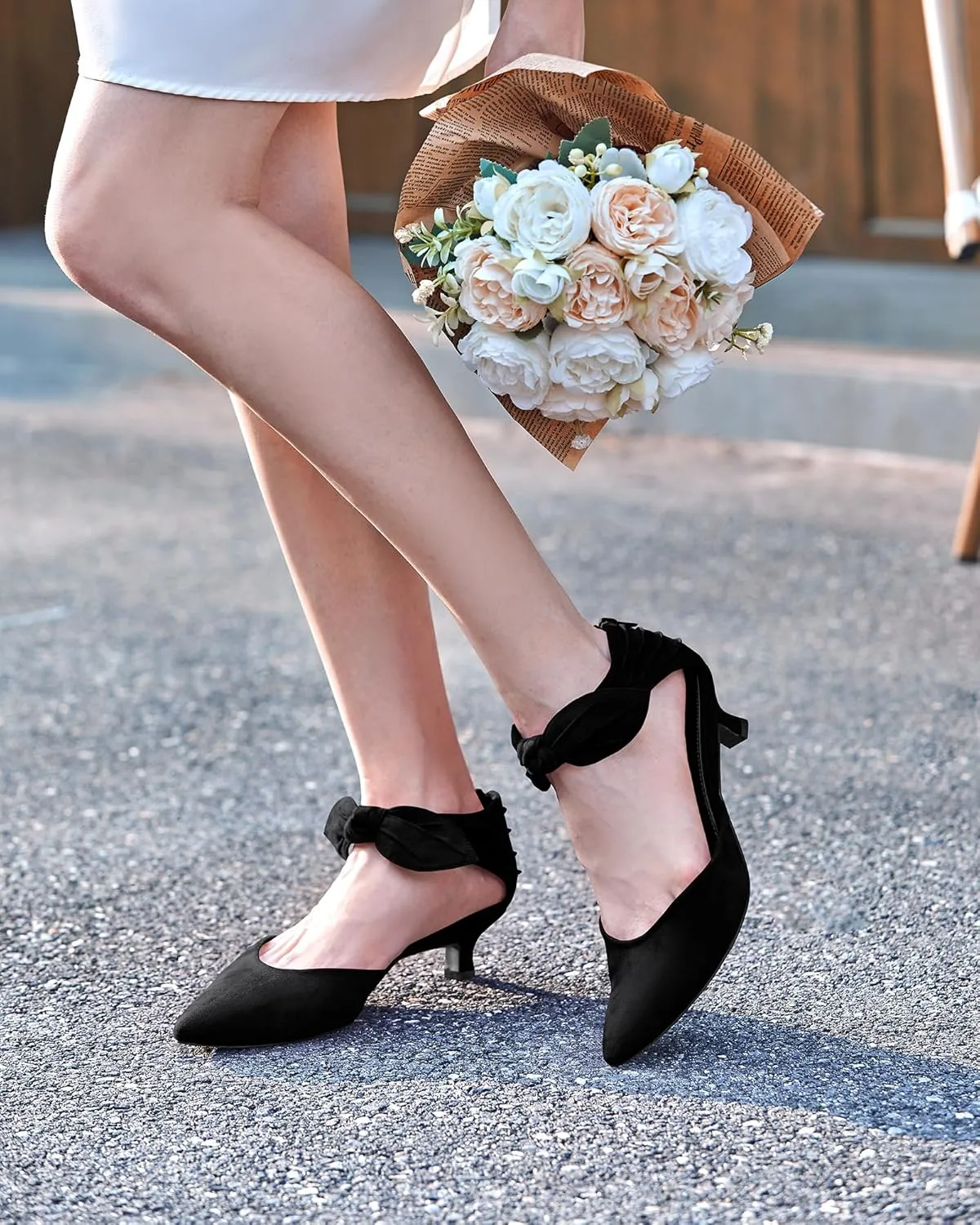 Coutgo Womens Low Kitten Heels Dress Shoes Closed Pointed Toe Bowknot Ankle Strap D'Orsay Zipper Pumps