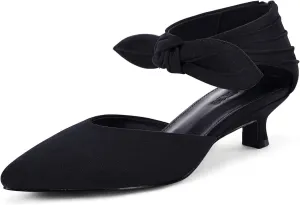 Coutgo Womens Low Kitten Heels Dress Shoes Closed Pointed Toe Bowknot Ankle Strap D'Orsay Zipper Pumps