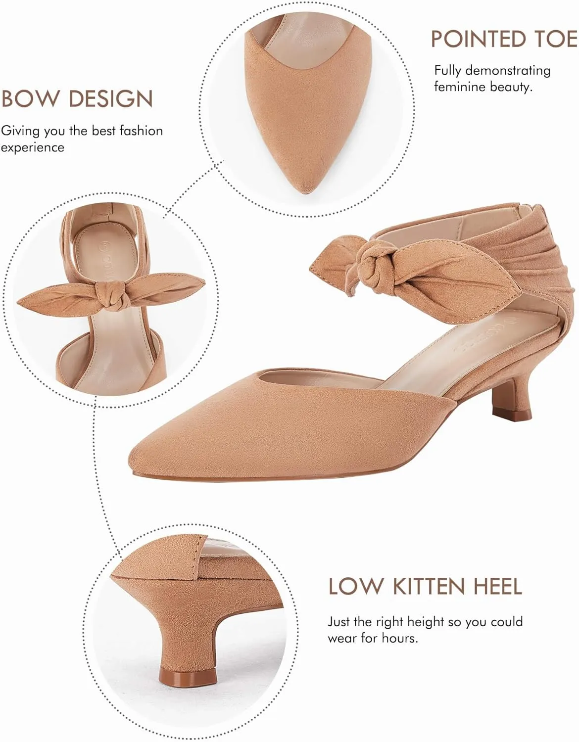 Coutgo Womens Low Kitten Heels Dress Shoes Closed Pointed Toe Bowknot Ankle Strap D'Orsay Zipper Pumps