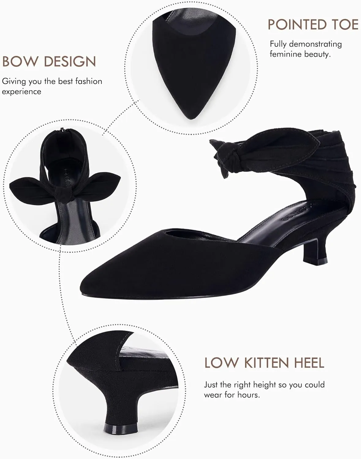 Coutgo Womens Low Kitten Heels Dress Shoes Closed Pointed Toe Bowknot Ankle Strap D'Orsay Zipper Pumps