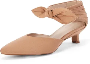 Coutgo Womens Low Kitten Heels Dress Shoes Closed Pointed Toe Bowknot Ankle Strap D'Orsay Zipper Pumps