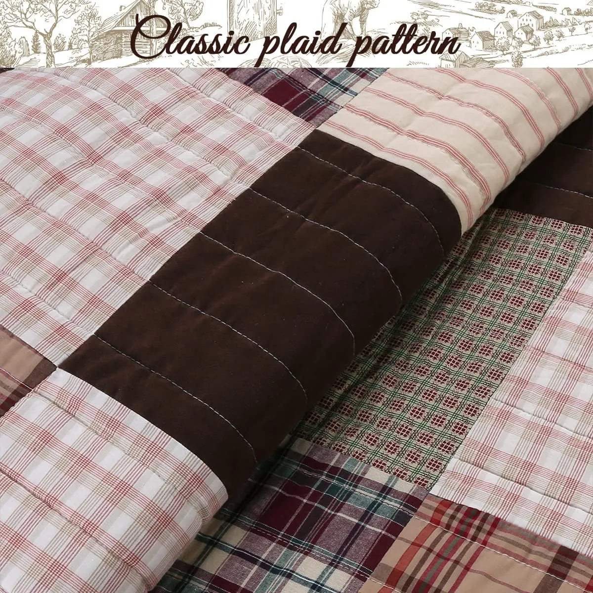 Cozy Line Home Fashions Hand Piecing Real Patchwork Brody Farmhouse Chocolate Plaid Striped Reversible Quilt Bedding Set, Coverlet Bedspread (Brown Grid, King - 3 Piece)