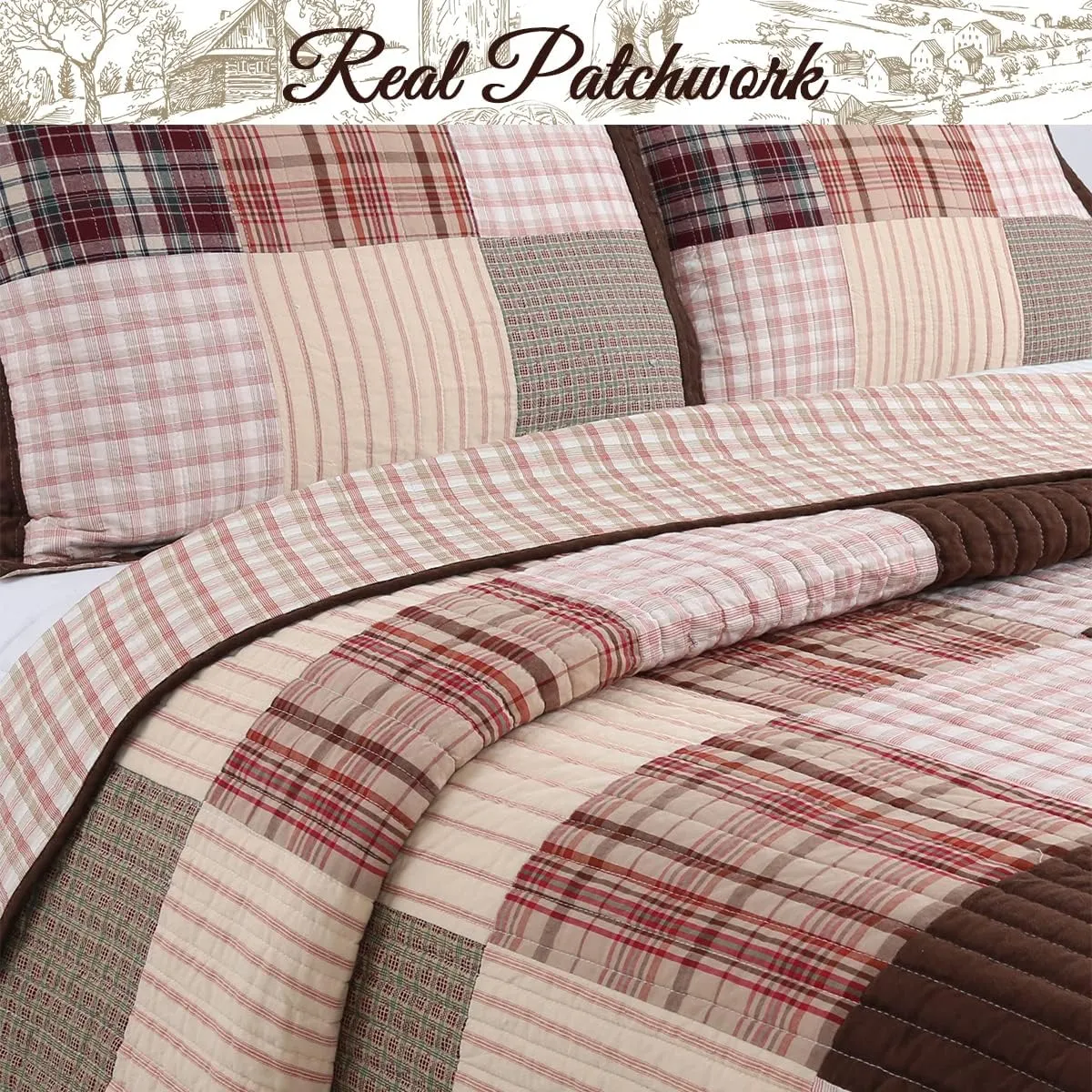Cozy Line Home Fashions Hand Piecing Real Patchwork Brody Farmhouse Chocolate Plaid Striped Reversible Quilt Bedding Set, Coverlet Bedspread (Brown Grid, King - 3 Piece)