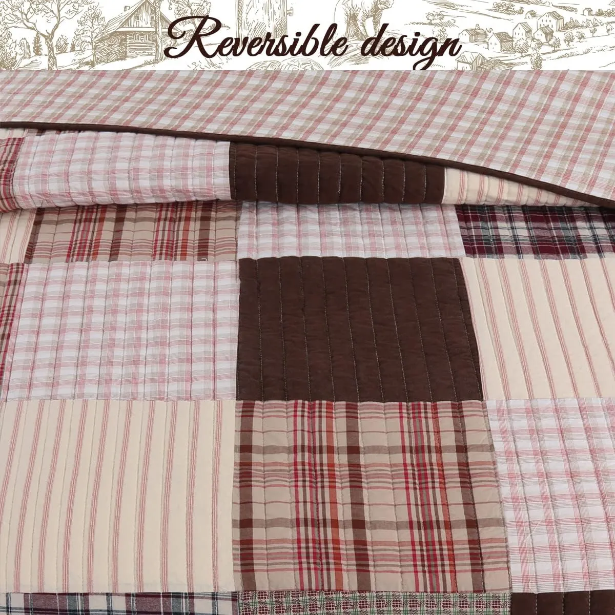 Cozy Line Home Fashions Hand Piecing Real Patchwork Brody Farmhouse Chocolate Plaid Striped Reversible Quilt Bedding Set, Coverlet Bedspread (Brown Grid, King - 3 Piece)
