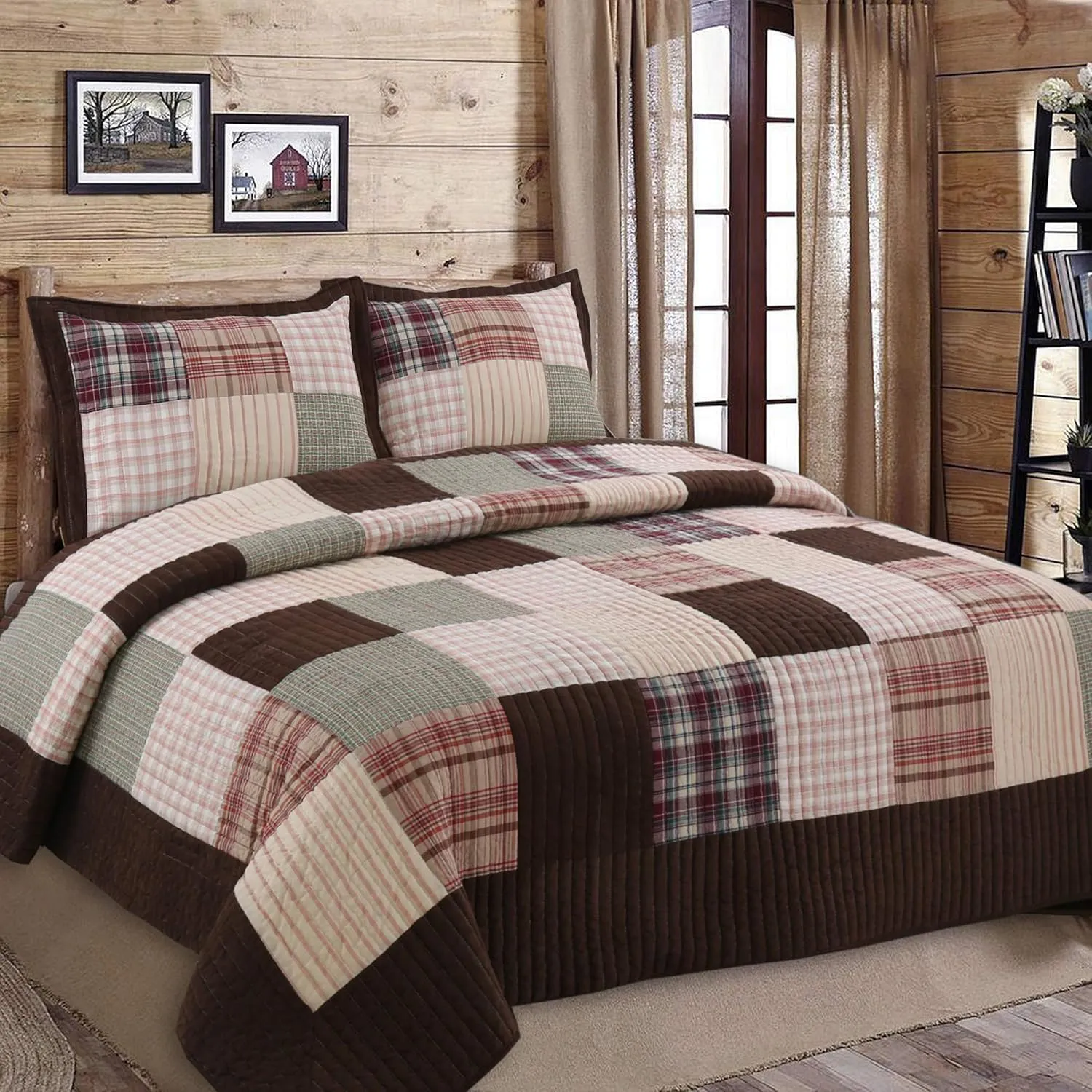 Cozy Line Home Fashions Hand Piecing Real Patchwork Brody Farmhouse Chocolate Plaid Striped Reversible Quilt Bedding Set, Coverlet Bedspread (Brown Grid, King - 3 Piece)