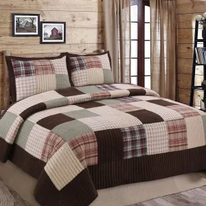 Cozy Line Home Fashions Hand Piecing Real Patchwork Brody Farmhouse Chocolate Plaid Striped Reversible Quilt Bedding Set, Coverlet Bedspread (Brown Grid, King - 3 Piece)
