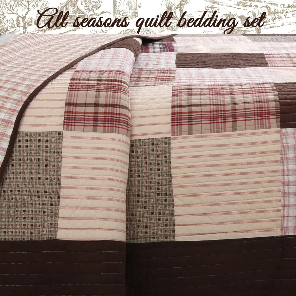 Cozy Line Home Fashions Hand Piecing Real Patchwork Brody Farmhouse Chocolate Plaid Striped Reversible Quilt Bedding Set, Coverlet Bedspread (Brown Grid, King - 3 Piece)
