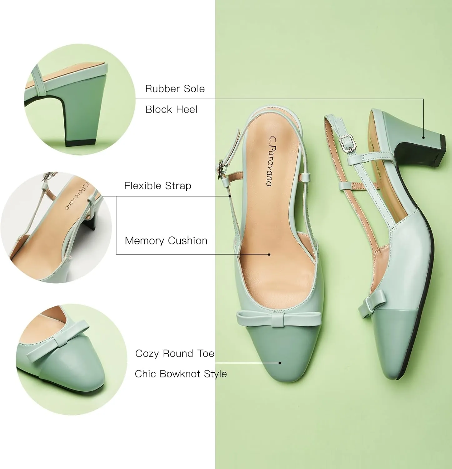 C.Paravano Women's Slingback Low Chunky Heels Round Toe Block Heel Pumps Splicing Bowknot Fashion Party Dress Shoes