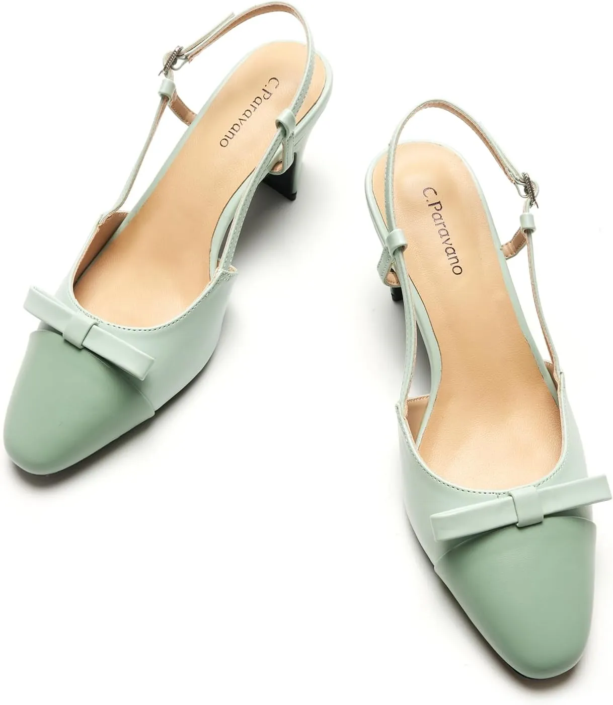 C.Paravano Women's Slingback Low Chunky Heels Round Toe Block Heel Pumps Splicing Bowknot Fashion Party Dress Shoes
