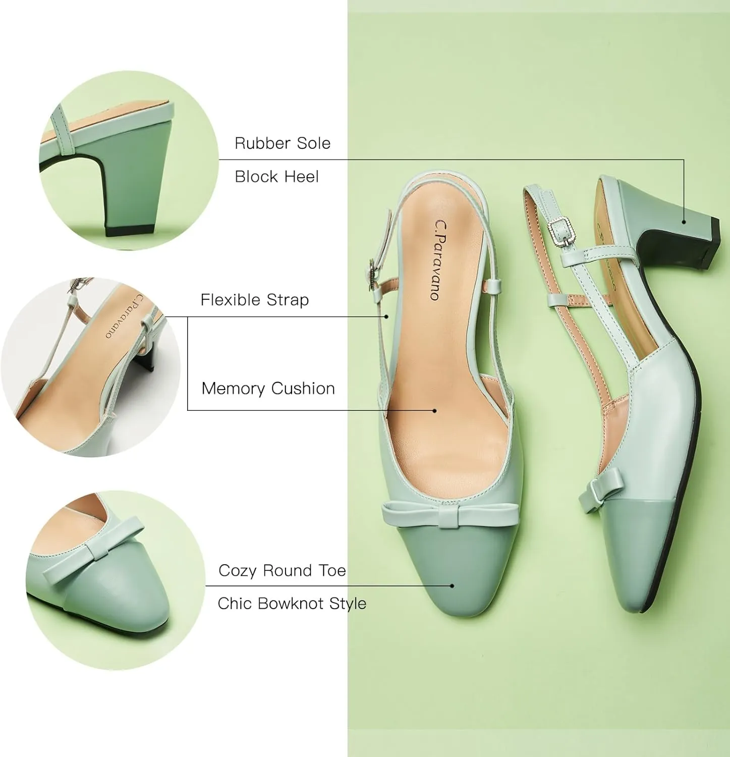 C.Paravano Women's Slingback Low Chunky Heels Round Toe Block Heel Pumps Splicing Bowknot Fashion Party Dress Shoes