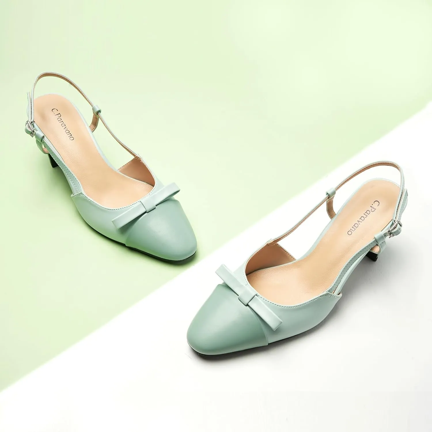 C.Paravano Women's Slingback Low Chunky Heels Round Toe Block Heel Pumps Splicing Bowknot Fashion Party Dress Shoes