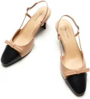 C.Paravano Women's Slingback Low Chunky Heels Round Toe Block Heel Pumps Splicing Bowknot Slip On Fashion Party Dress Shoes