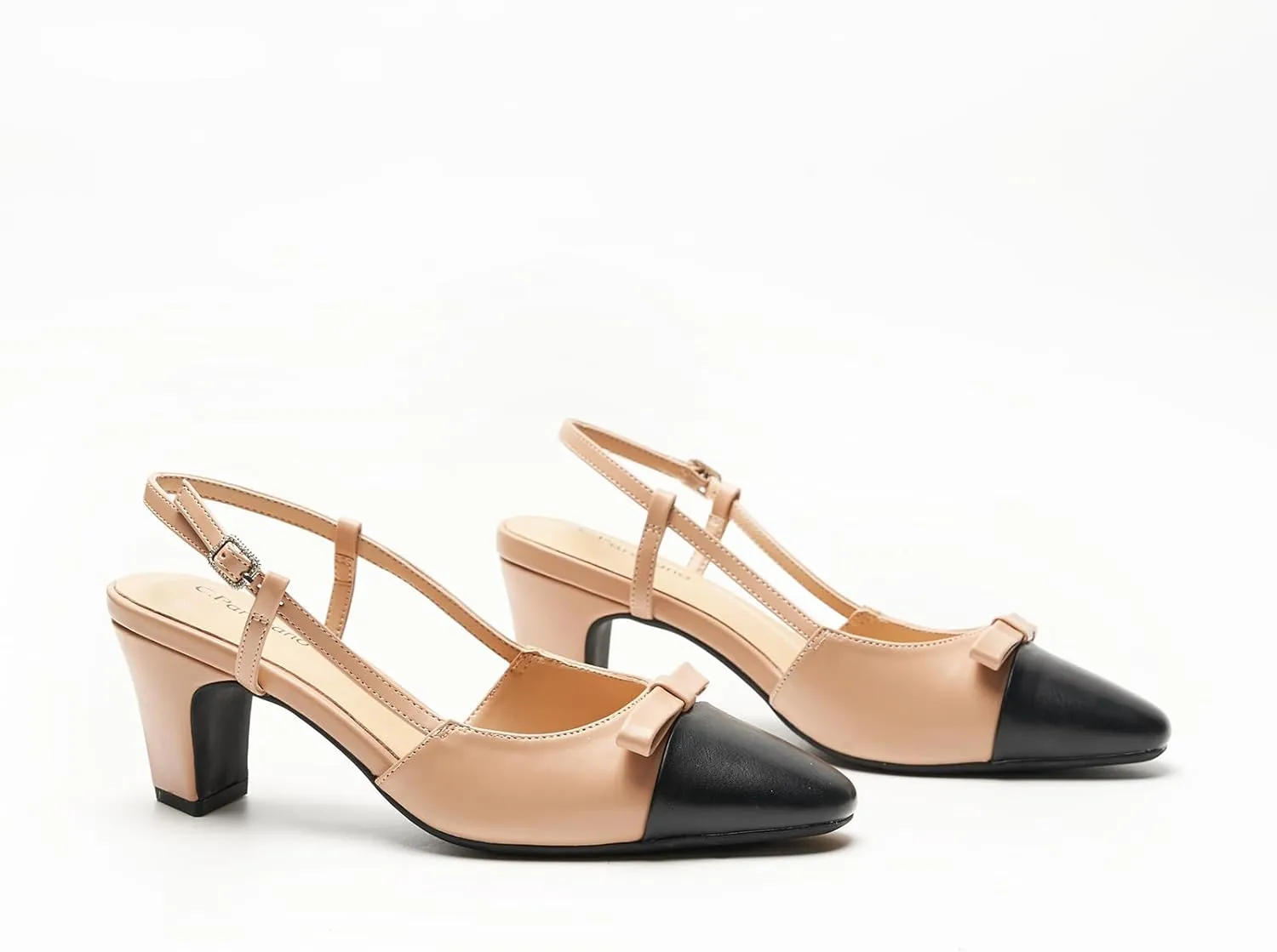C.Paravano Women's Slingback Low Chunky Heels Round Toe Block Heel Pumps Splicing Bowknot Slip On Fashion Party Dress Shoes