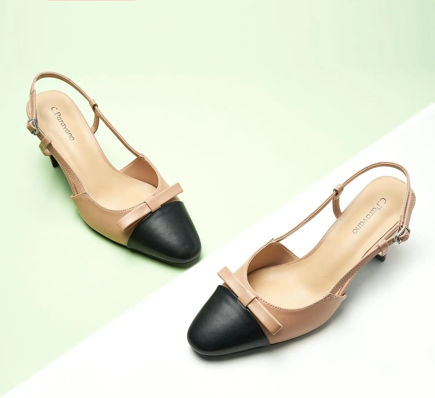 C.Paravano Women's Slingback Low Chunky Heels Round Toe Block Heel Pumps Splicing Bowknot Slip On Fashion Party Dress Shoes