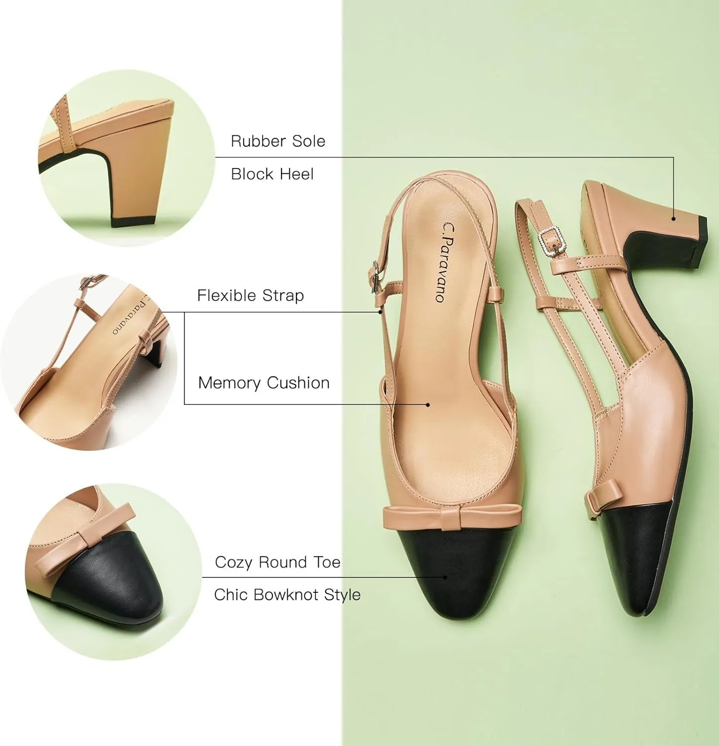 C.Paravano Women's Slingback Low Chunky Heels Round Toe Block Heel Pumps Splicing Bowknot Slip On Fashion Party Dress Shoes