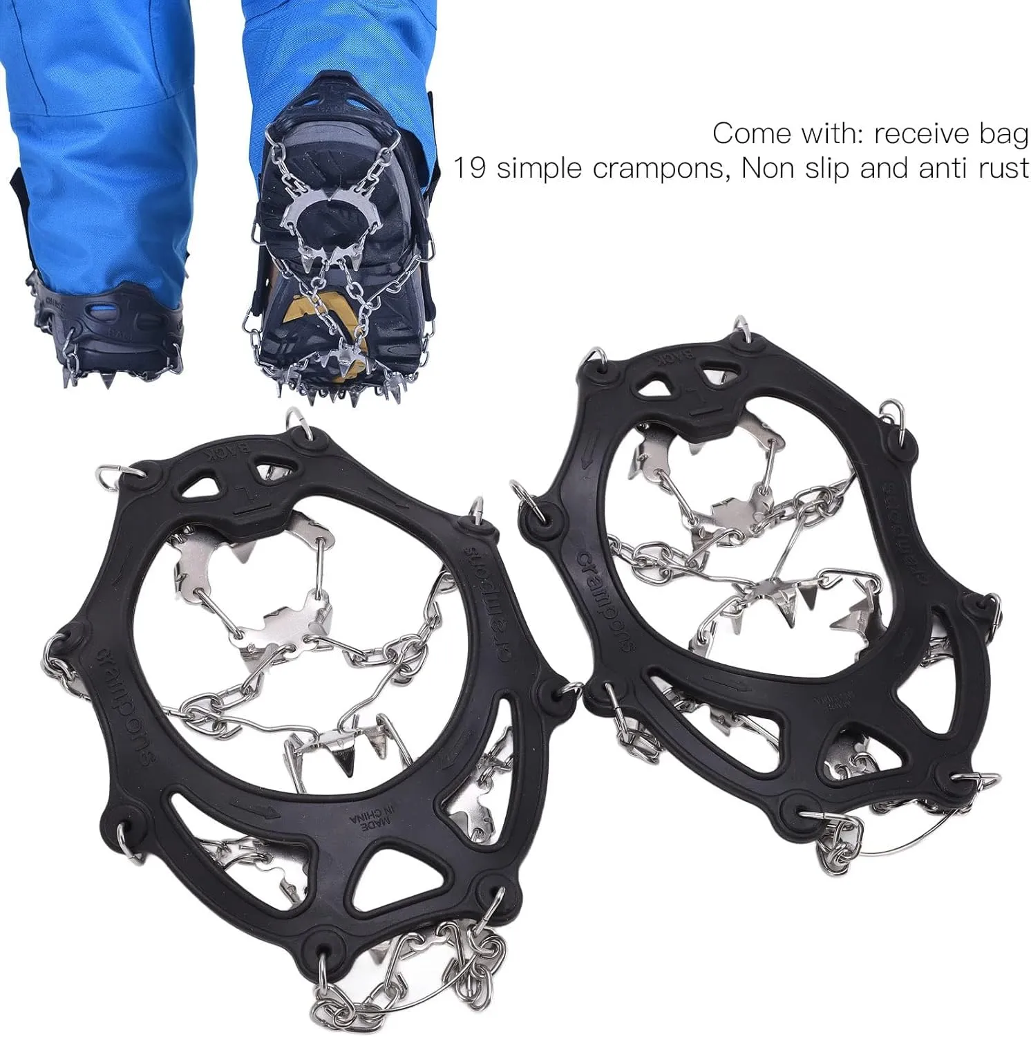 Crampons, Thermoplastic Elastomer TPE Traction Cleats Ice Snow Grips with 19 Spikes, Professional Not Bending Boot Spikes, for Hiking Walking Mountaineering