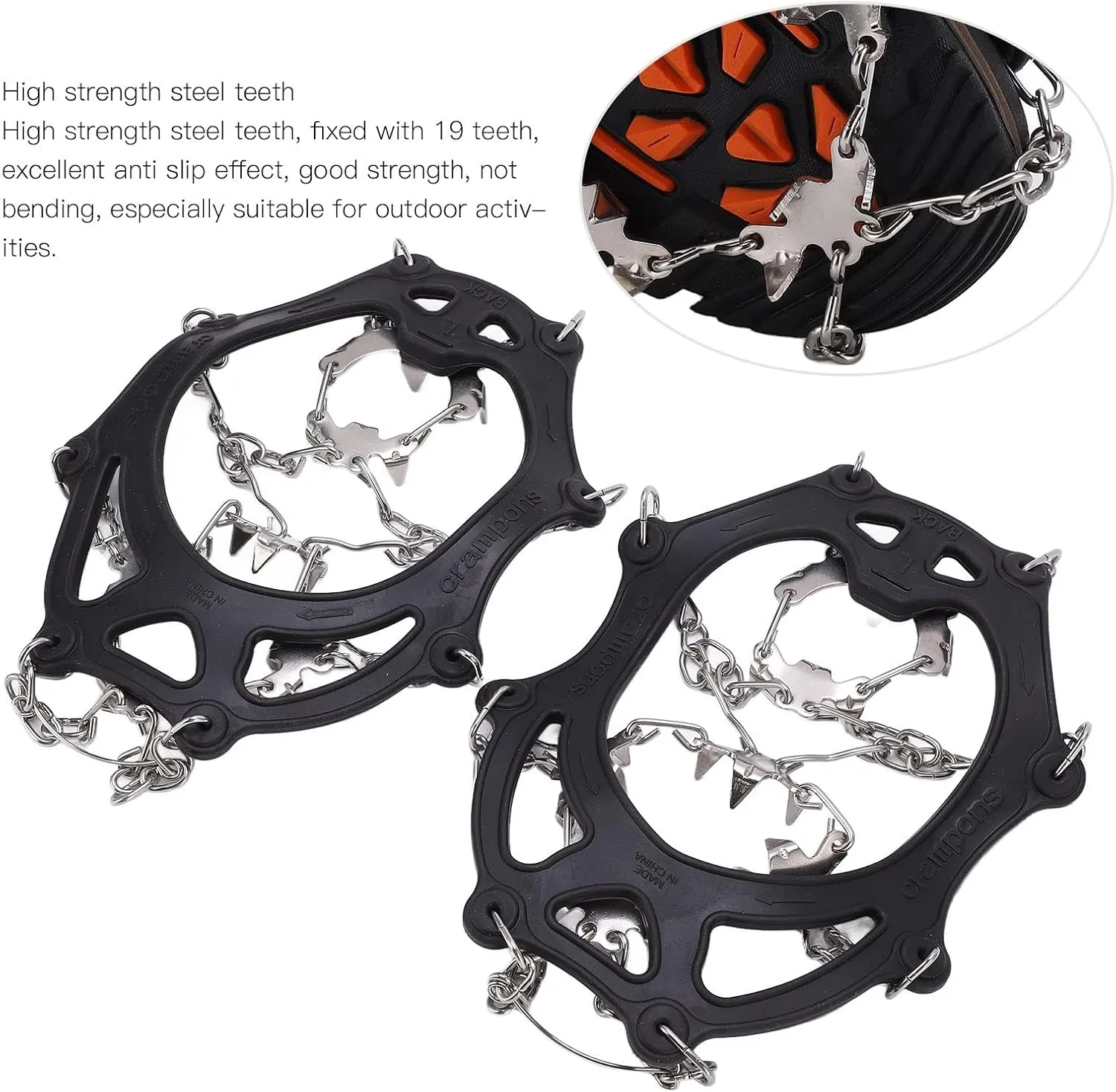 Crampons, Thermoplastic Elastomer TPE Traction Cleats Ice Snow Grips with 19 Spikes, Professional Not Bending Boot Spikes, for Hiking Walking Mountaineering