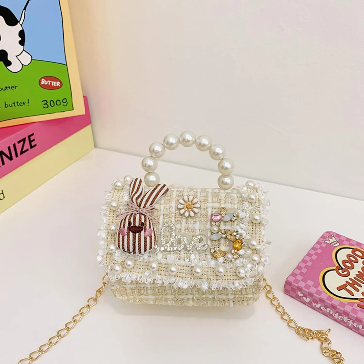 Cute Crossboby Purse with Bowknot Shoulder Bag for Little Girls, Girls Kids Fashion Handbags with Pearl Handle
