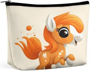 Cute Orange Pony Makeup Bag for Women Waterproof Cosmetic Bag Portable Travel Toiletry Bag Storage Bag Large Makeup Pouch Handheld Makeup Bag for Work