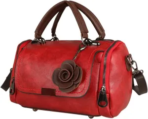 Dayfine Women Satchel Bags Faux Leather Top Handle Handbags Boston Crossbody Bags Flower Pendant Zipper Purse Shoulder Bag