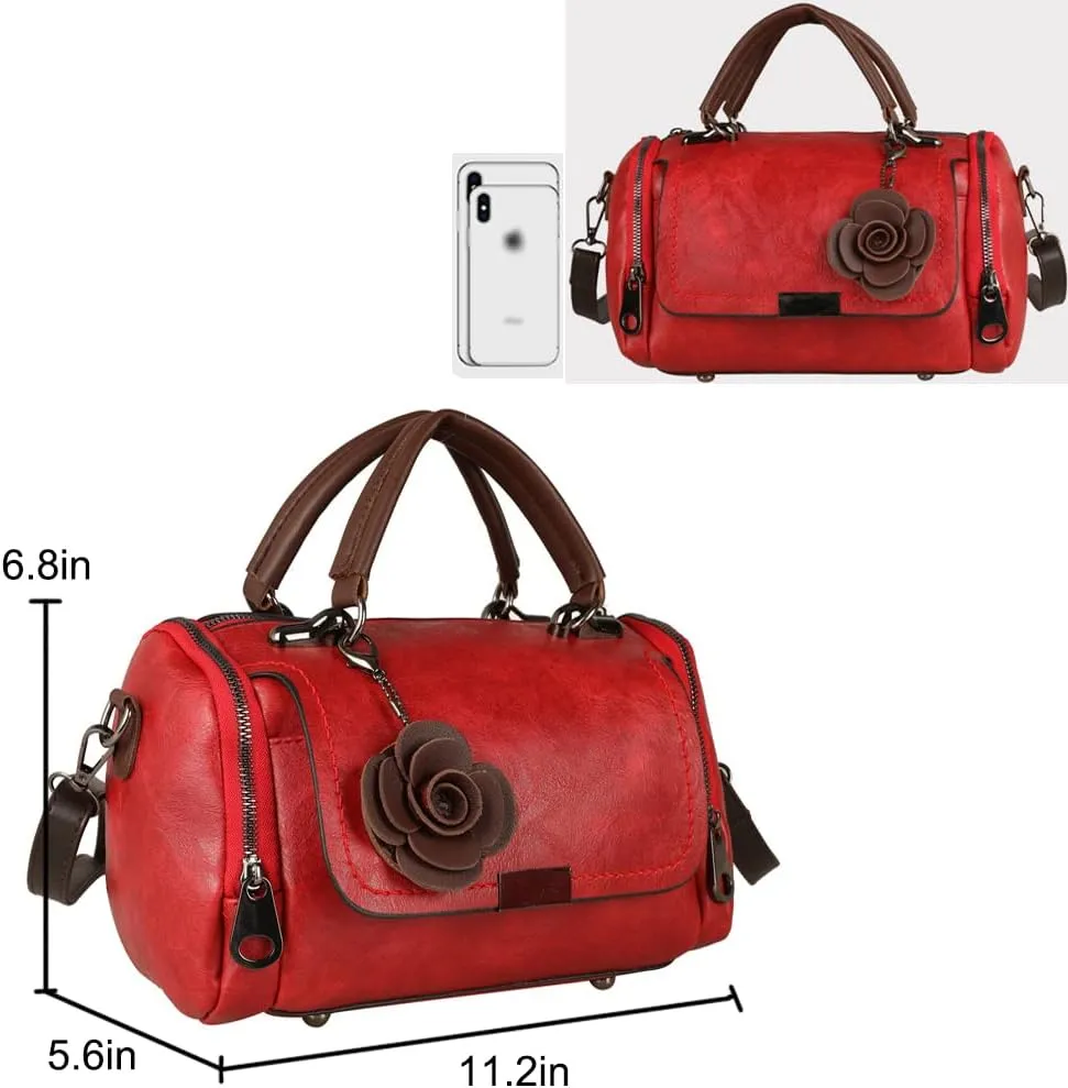 Dayfine Women Satchel Bags Faux Leather Top Handle Handbags Boston Crossbody Bags Flower Pendant Zipper Purse Shoulder Bag