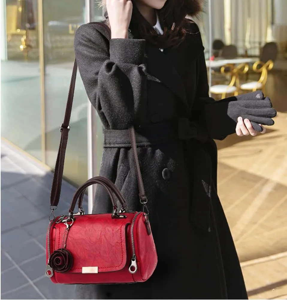 Dayfine Women Satchel Bags Faux Leather Top Handle Handbags Boston Crossbody Bags Flower Pendant Zipper Purse Shoulder Bag