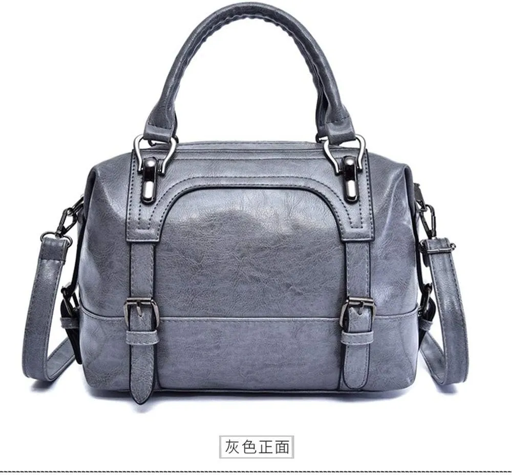 Dayfine Women's Retro Oil Wax Soft Leather Simple Single Shoulder Boston Bag Portable Oblique Satchel