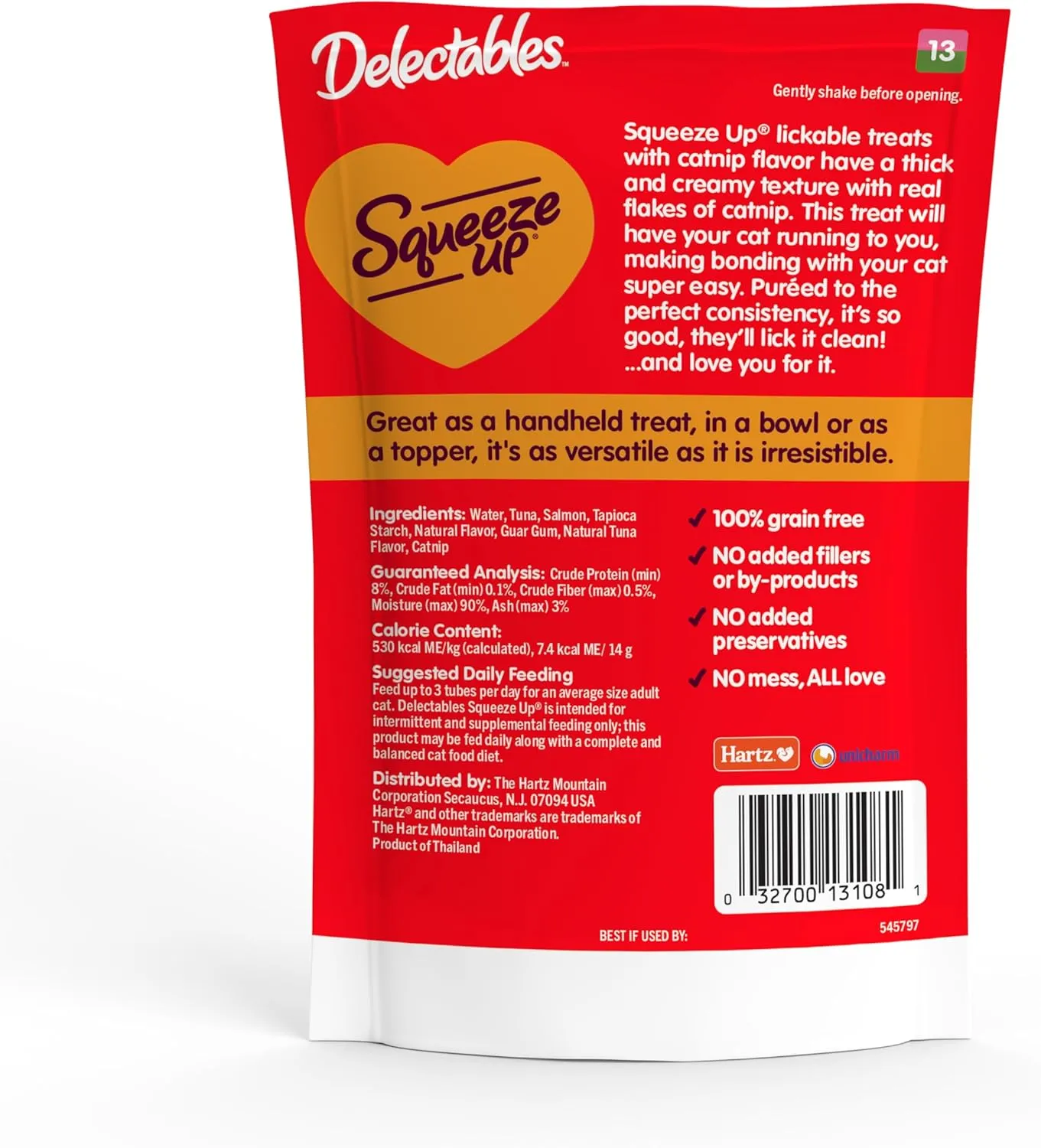 Delectables Squeeze Up Creamy Squeezable Puree, Lickable Wet Cat Treats, Grain Free, No Added Fillers, No By-Products, No Added Preservatives, 0.5 Ounces Tube Tuna & Salmon with Catnip, 32 Tubes Total