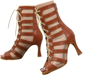 denova's Women's Lace-up High Heel Comfort Ankle Boot Zipper Dance Shoe for Latin Slasa Ballroom