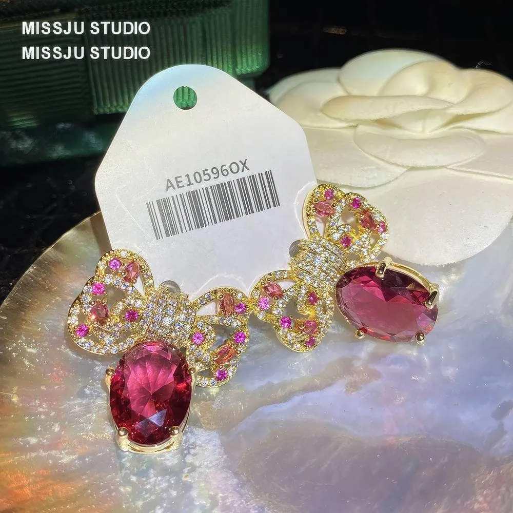 Diamanté Bowknot Sparkle Studded Ruby Gold Earrings