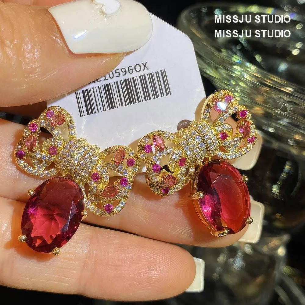 Diamanté Bowknot Sparkle Studded Ruby Gold Earrings